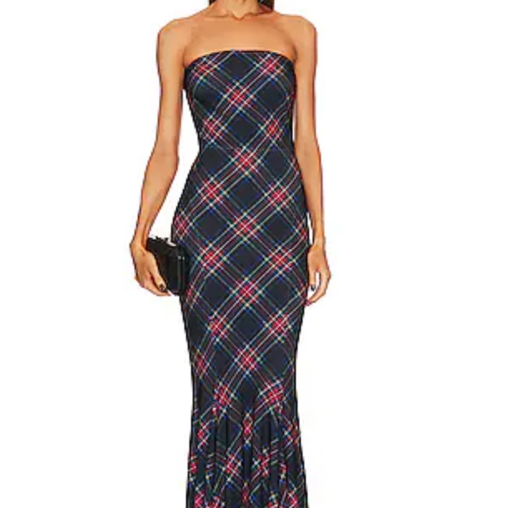 Norma Kamali Plaid Strapless Maxi Dress